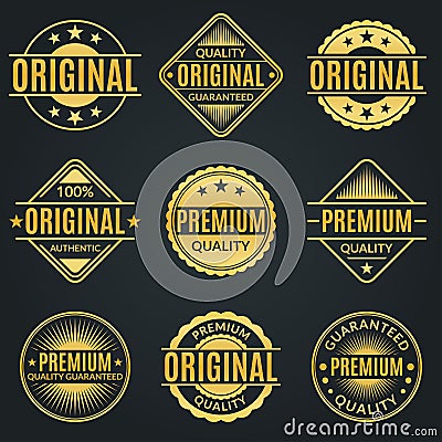 Vintage badge and retro logo set. Original, Premium quality and Guarantee stamp, seal and label collection. Vector illustration Vector Illustration